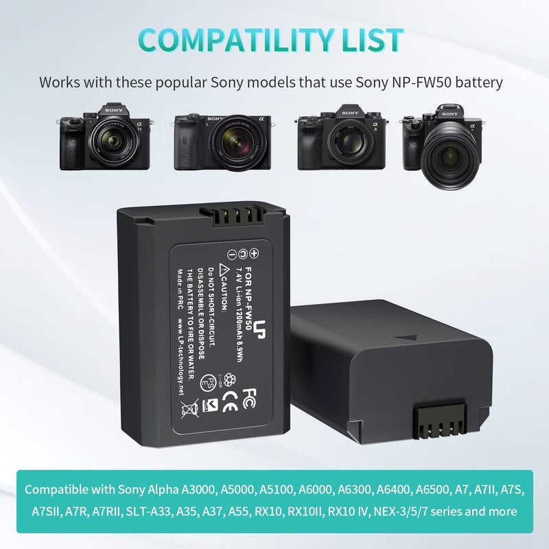 L & P NP-FW50 Battery Charger Pack, 2-Pack Battery & Dual Slot Charger for Sony Alpha A6000, A6400, A6100, A6300, A6500, A5100, A5000, A7, A7II, A7R, A7RII, A7R2, A7S, A7SII, A7S2, RX10 RX10II ZV-E10 - Image 2
